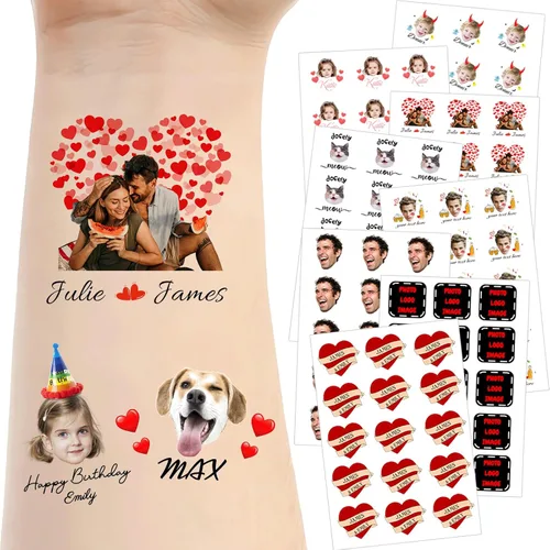 Vista 23 de Tatuajes temporales personalizados para la cara, tatuajes faciales personalizados con nombre de foto, logotipo, texto, calcomanía de tatuaje falsa