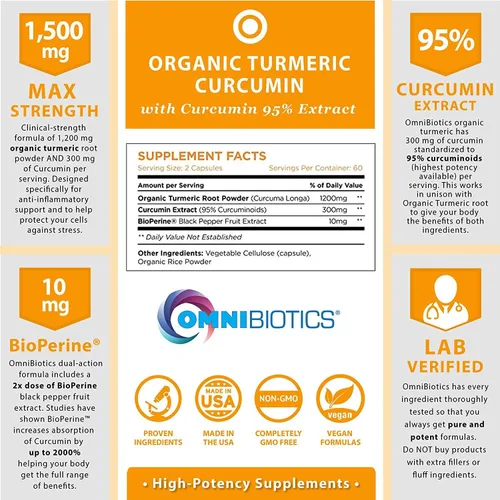 Vista 2 de Suplemento de cúrcuma y curcumina orgánica de 0.05 oz con Bioperina, 95% extracto estandarizado de curcuminoide y polvo de raíz con peperina