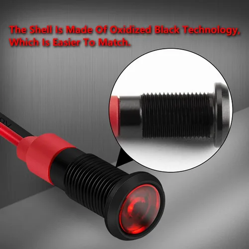 Vista 4 de DaierTek Luz Indicadora LED de 1/4" 12 Voltios 6mm 12V Lámpara Piloto Roja IP67 Impermeable Material de Aluminio Metal Bisel Negro Marino con Cables