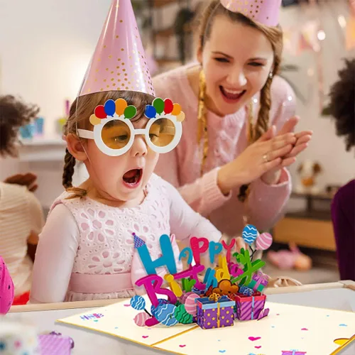Vista 3 de Tarjeta de cumpleaños desplegable 3D – Elegante tarjeta de felicitación emergente de pastel floral de mariposa rosa para mujeres, mamá, esposa
