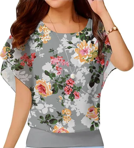 Vista 46 de VIISHOW - Blusa de gasa y de manga corta para mujer, estilo holgado y casual Negro