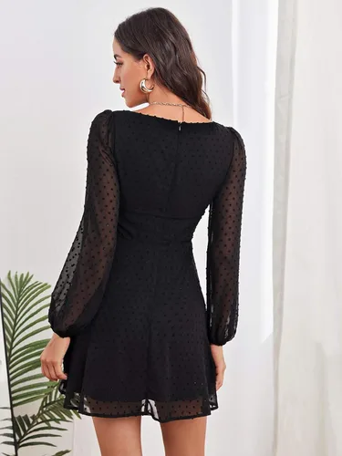 Vista 2 de Wdirara - Vestido de gasa para mujer, con cuello cuadrado, de malla con lunares y mangas de obispo