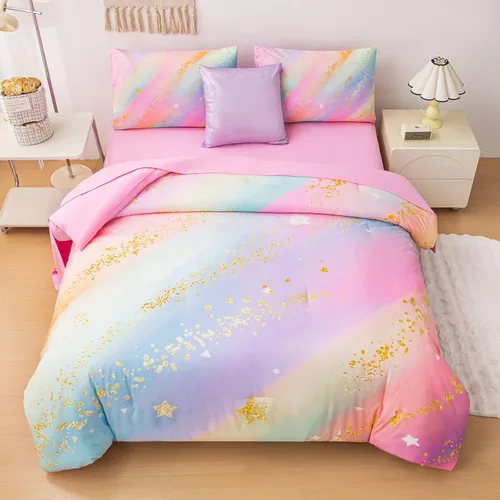Vista 28 de Juego de ropa de cama arcoíris tamaño individual, edredón reversible de 5 piezas para niñas con sábana de bolsillo profundo, diseño degradado