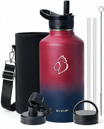 Vista 33 de BUZIO Botella de agua de 32 onzas aislada con popote y 3 tapas y bolsa de transporte, a prueba de fugas, frasco jarra de agua de acero inoxidable
