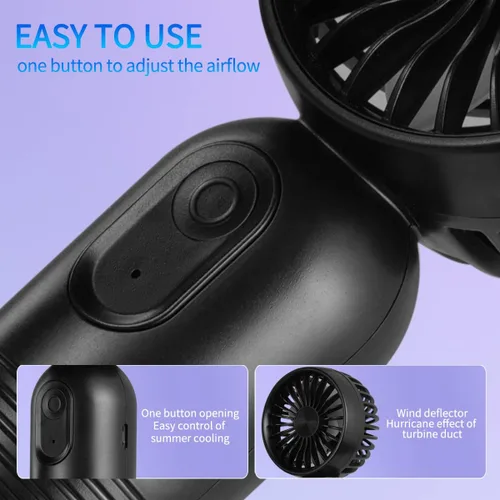 Vista 3 de VanSmaGo - Mini ventilador portátil de mano con 3 velocidades para viajes, ventilador de pestañas recargable por USB, funciona con pilas, negro