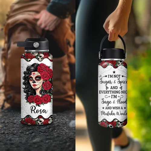 Vista 6 de Hyturtle Botella de agua personalizada con calavera de azúcar, botella de acero inoxidable aislada de viaje con tapa a prueba de fugas, 18 onzas, 32