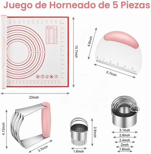 Vista 3 de Cortador de pastelería, cortador de galletas, raspador de masa, licuadora 5 piezas rosa