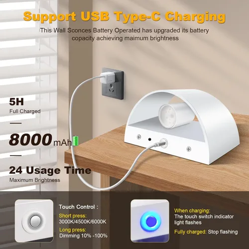 Vista 6 de Juego de 2 apliques de pared que funcionan con batería, luces de pared inalámbricas recargables blancas con control remoto inalámbrico y control