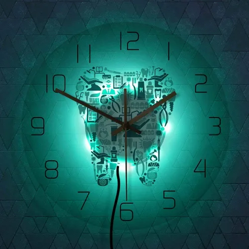 Vista 4 de The Geeky Days Reloj de pared con iluminación LED USB, símbolos de cuidado dental, reloj colgante de acrílico, movimiento silencioso, con 7