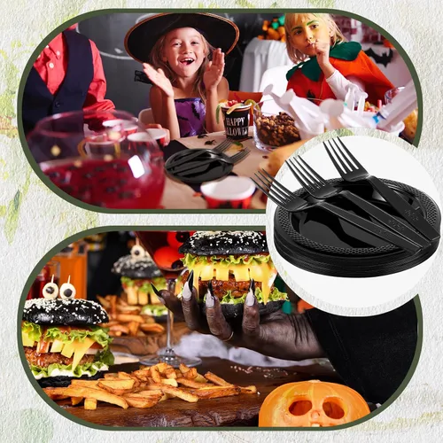 Vista 6 de Hushee 600 platos de postre de plástico negro de 6 pulgadas con tenedores de 7 pulgadas para aperitivo de pastel, 300 platos pequeños desechables