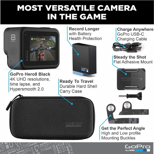 Vista 2 de GoPro HERO8 Black - Cámara de acción impermeable con pantalla táctil 4K Ultra HD Video 12MP Fotos 1080p Estabilización de transmisión en vivo