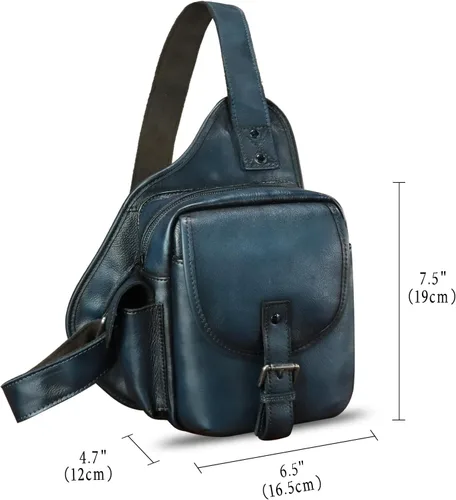 Vista 5 de Bolso bandolera de cuero genuino para hombres y mujeres, bolso cruzado, mochila vintage para senderismo, deportes, viajes, Azul, Mochilas Sling