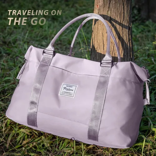 Vista 2 de Bolsa de gimnasio para mujer con compartimento para zapatos, bolsa de lona de viaje, bolsa de deporte para gimnasio, F5-Púrpura Claro, Bolsa de viaje