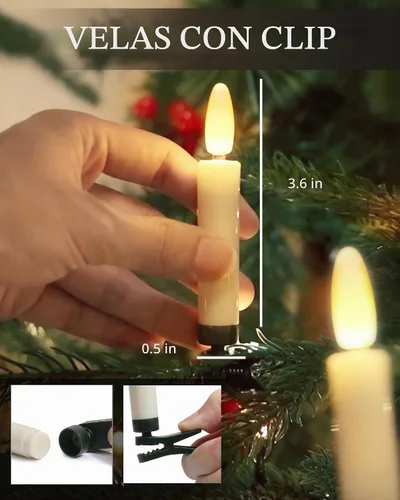 Vista 3 de FPOO 20 velas de árbol de Navidad, luces parpadeantes, con clip, funciona con pilas, velas cónicas con temporizador, mini velas sin llama para Blanco