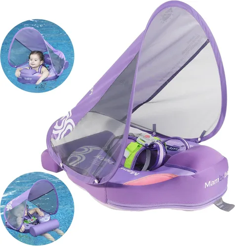 Vista 7 de Mambobaby Flotador para bebé con toldo y cola, flotador no inflable para piscina, correa de seguridad ajustable, entrenador de natación para niños