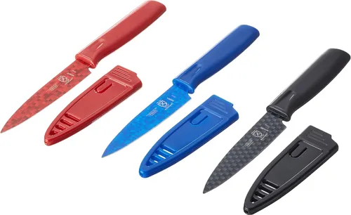 Vista 2 de Mercer Culinary Cuchillos de pelar antiadherentes con fundas ABS, 4 pulgadas, rojo/azul/negro, paquete de 3