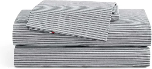 Vista 34 de Tommy Hilfiger - Sábanas para cama individual, ropa de cama de percal de algodón crujiente y fresca con funda de almohada a juego, juego de cama