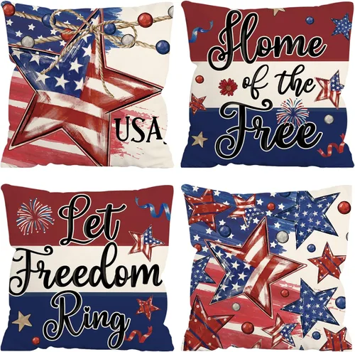 Vista 11 de FUTBU Juego de 2 fundas de almohada de 16 x 16 pulgadas, diseño patriótico de estrellas y bandera estadounidense, rojo, blanco, azul, Día de la 4