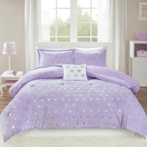 Vista 11 de Intelligent Design Rosalie - Juego de edredón tamaño individual, 3 piezas con corazones metálicos para niñas, juego de cama individual de felpa