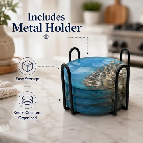 Vista 6 de Divit Shilp, juego de posavasos absorbentes de resina azul aguamarina con diseño de concha marina y soporte de metal, posavasos redondos hechos a