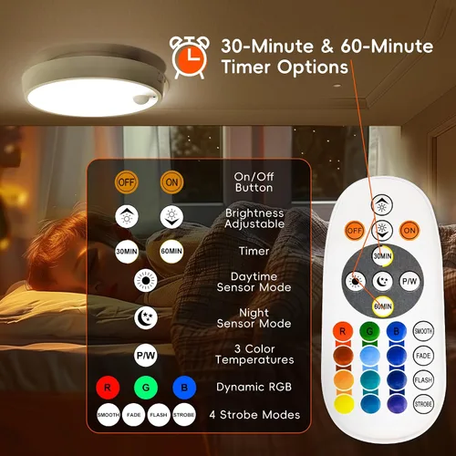 Vista 7 de Molrebe Lámpara de techo con sensor de movimiento, lámpara de techo recargable con 15 temperaturas de color, luz de armario activada por movimiento