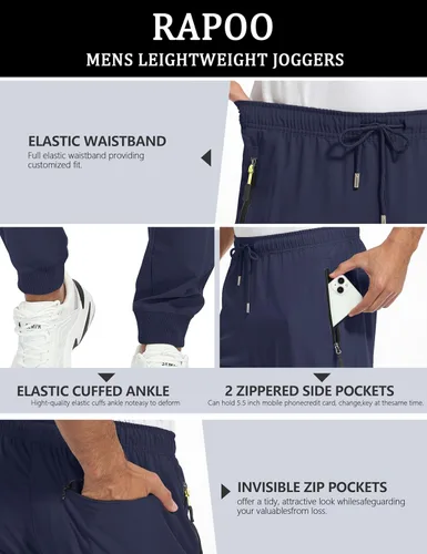 Vista 5 de Rapoo - Pantalones ligeros para hombre, de secado rápido, con 3 bolsillos con cremallera, para entrenamiento, pista, gimnasio y atletismo