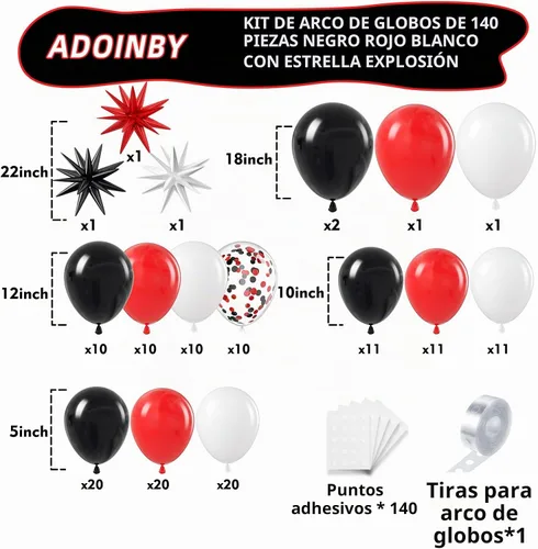 Vista 2 de Kit de arco de globos rojos, negros y blancos de ADOINBY, kit de guirnalda de globos con estrellas, 140 piezas, globos de diferentes tamaños