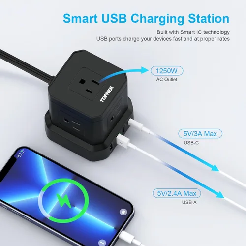 Vista 3 de Regleta de alimentación con USB-C (3.0A), protector de sobretensiones TOPREK (700J), cable de extensión de 10 pies con 5 CA y 4 USB, enchufe plano