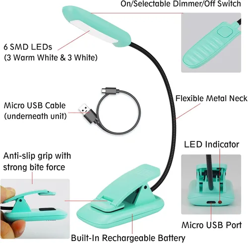 Vista 2 de BIGMONAT Luz recargable de lectura de libros, cuello flexible portátil, brillo ajustable con lectura de cuidado de los ojos, LED cálidos y blancos
