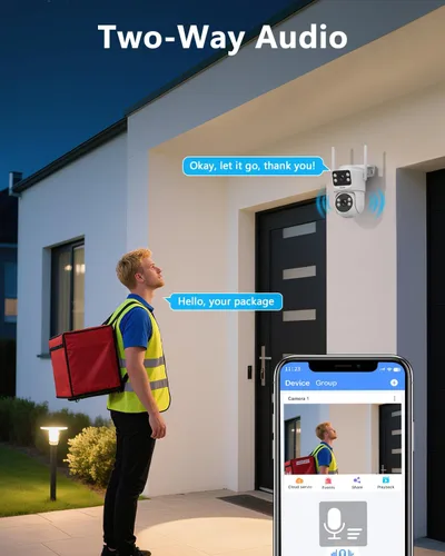 Vista 2 de Sistema de cámara de seguridad WiFi de doble lente de 4 MP, visión amplia de 130° + seguimiento automático PTZ, banda dual de 2.4G/5.8G, cámara