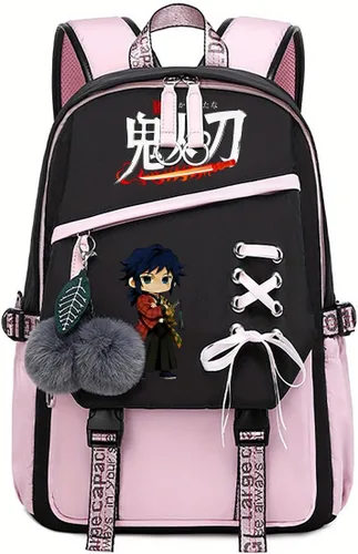 Vista 11 de Linda mochila escolar para niñas y niños, mochila escolar para estudiantes de primaria media, mochila escolar Kawaii con colgante (rosa)
