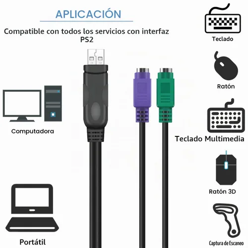 Vista 4 de Adaptador PS/2 a USB, cable adaptador de teclado y ratón, PS/2 hembra a USB A macho con chip, 2 cables convertidores 2 en 1 PS-2 a USB 2.0 Negro