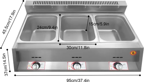 Vista 7 de Calentador de alimentos a gas, freidora comercial de 3 sartenes, propano GLP de acero inoxidable a gas Bain Marie Buffet vaporizador de encimera