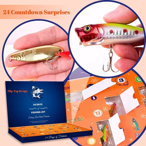 Vista 2 de Calendario de Adviento de pesca de cuenta regresiva de Navidad, juego de señuelos de pesca de 24 días para pescador, adultos, hombres, adolescentes