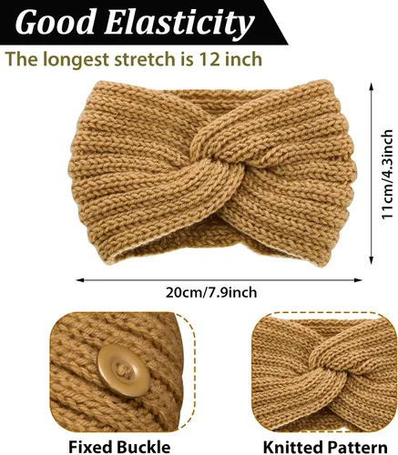 Vista 7 de 8 diademas de punto de invierno para mujeres, diademas trenzadas de invierno, calentadores de orejas de ganchillo para mujeres y niñas, Negro