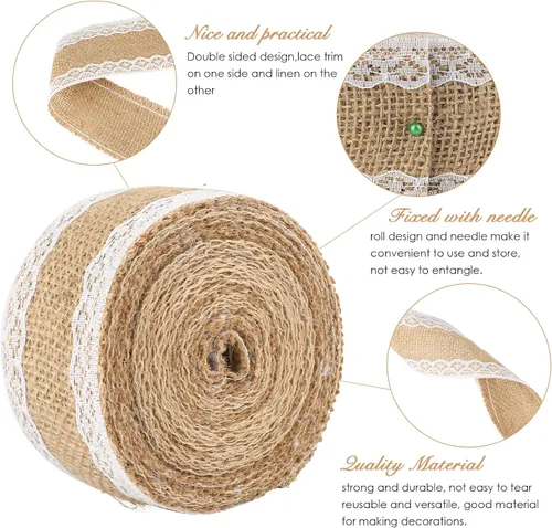 Vista 2 de jijAcraft Rollo de cinta de arpillera de yute natural, 2 pulgadas x 5.5 yardas, cinta de arpillera de encaje blanco rústico para manualidades, Cinta