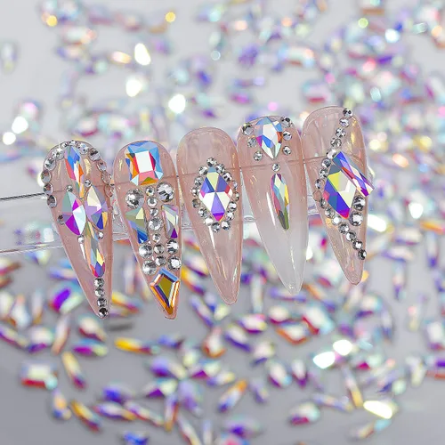 Vista 7 de Diamantes de imitación para uñas, 300 piezas de cristales AB, gemas de múltiples formas, diamantes de imitación de parte trasera plana, para arte