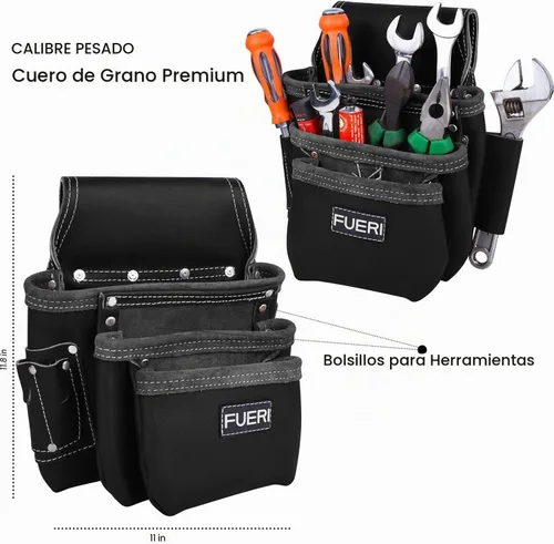 Vista 3 de FUERI Cinturón de herramientas de cuero con tirantes, bolsas de servicio pesado, bolsas para herramientas para hombres, carpinteros, construcción
