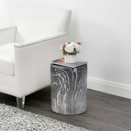 Vista 7 de JONATHAN Y Troy 17" Modern Faux Marble Cylinder Accent Table, Black Marble Minimalist Round Column Pedestal, Polyresin Drum End Table, Spill-Proof