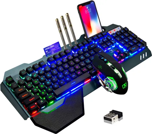 Vista 10 de Combo de teclado y mouse inalámbricos para juegos, teclado con retroiluminación LED arcoíris recargable con batería de 3,800 mAh, panel de metal