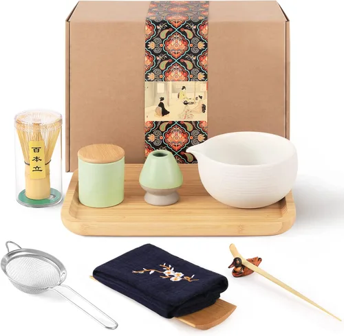 Vista 2 de Artcome Juego de té matcha japonés, cuenco de matcha con boquilla para verter, bandeja de té, batidor de bambú, soporte para batidor de cerámica