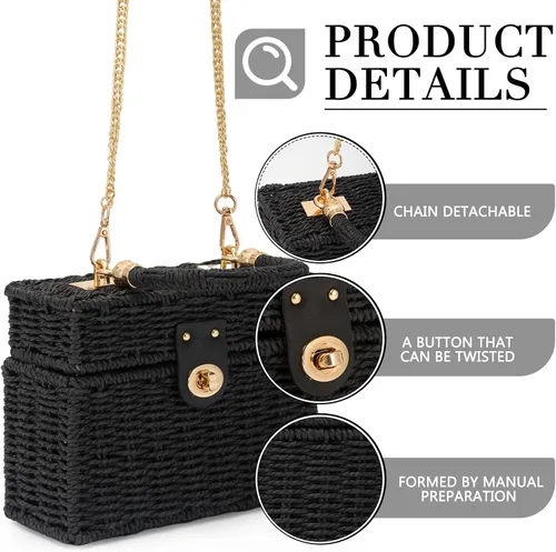Vista 3 de Fecialy Bolso de mano de ratán tejido a mano para mujer, bolso de mano de paja para playa, bolso cruzado cuadrado bohemio