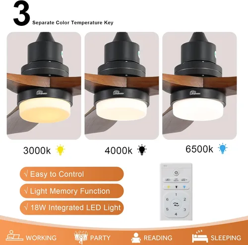 Vista 2 de Sofucor Ventilador de techo de 52 pulgadas con control remoto de luces, 3 postes para ventilador de techo interior y exterior con control remoto