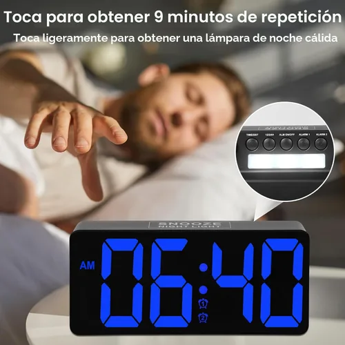 Vista 7 de PPLEE Reloj despertador para dormitorio con luz nocturna y dígitos atrevidos, reloj digital de 7 pulgadas con alarmas dobles y puertos de carga USB