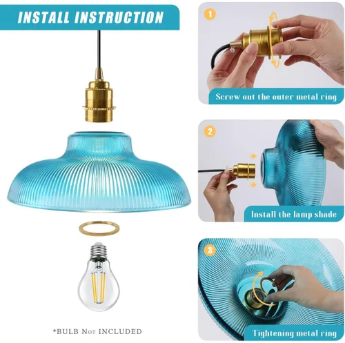 Vista 5 de Lámpara colgante enchufable de cristal azul, lámpara colgante dorada de altura ajustable con interruptor de encendido/apagado de cable de 14.7 pies