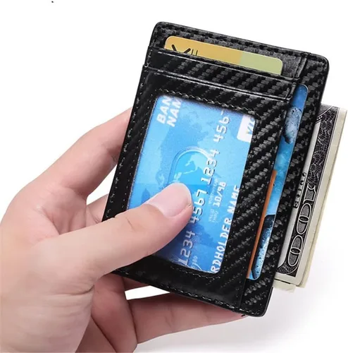 Vista 3 de CCBUY Carteras delgadas de cuero para hombres y mujeres, tarjetero de identificación de crédito, monedero, cartera de fibra de carbono mini