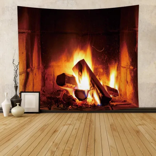 Vista 3 de Haoyiyi Tapiz de fuego ardiente de 33.9 x 27.6 pulgadas, chimenea de madera de Navidad, ladrillo brillante, para colgar en la pared, vintage