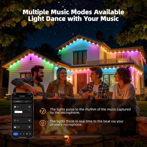 Vista 5 de Luces permanentes para exteriores para casa, IP67 impermeable con 60 luces RGB + IC, luces inteligentes de Navidad de 99.8 pies para exteriores