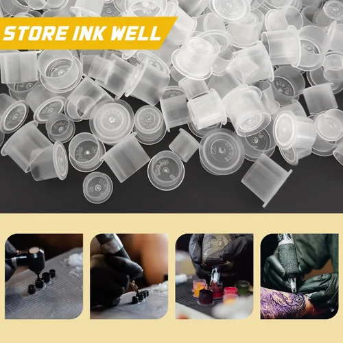 Vista 5 de 300 tapas de tinta para tatuaje, 300 tapas de tinta mezcladas, vasos desechables de tinta para tatuajes con base, 100 pequeños, 100 medios, 100