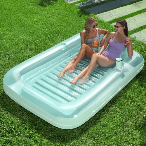 Vista 21 de SLOOSH Flotador inflable, camastro para adultos, con almohada, 178 x 117 cm, 4 en 1: balsa-tina bronceadora, camastro para tomar el sol, fiestas Azul